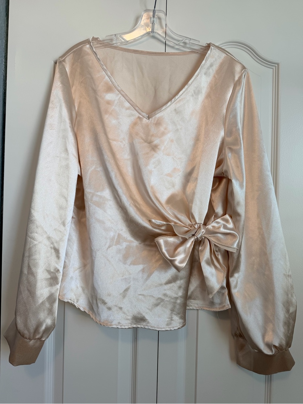 Women's Satin V-Neck Wrap Top with Side Bow - Champagne